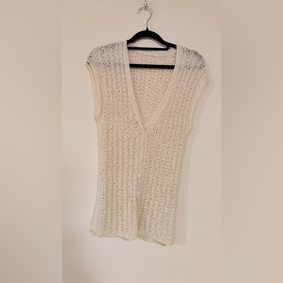 Tops - Vintage Cream Open Knit Button Front Sweater Vest Top Cap Sleeve